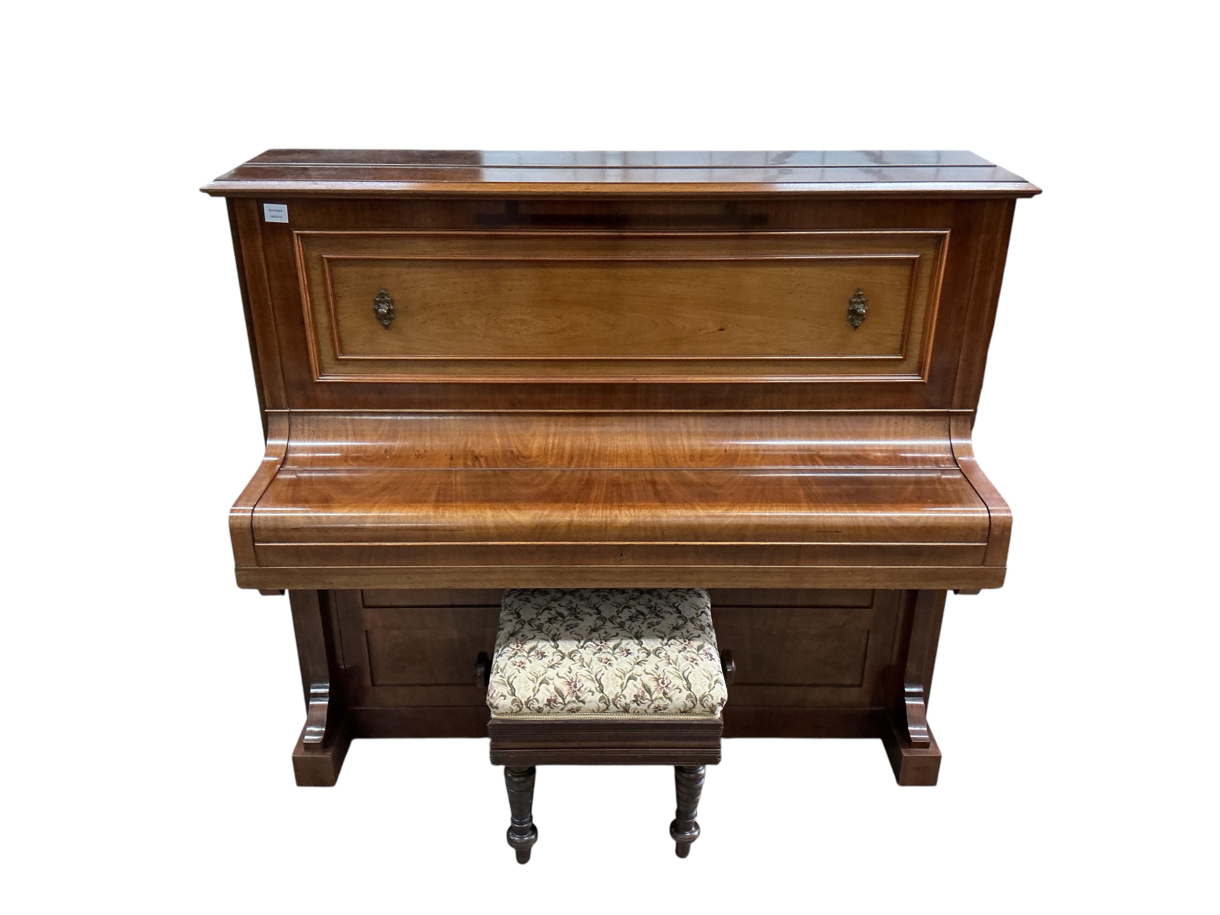 An early 20th century Bechstein mahogany upright piano, width 157cm, depth 60cm, height 129cm CITES Submission reference MD5BYGPG